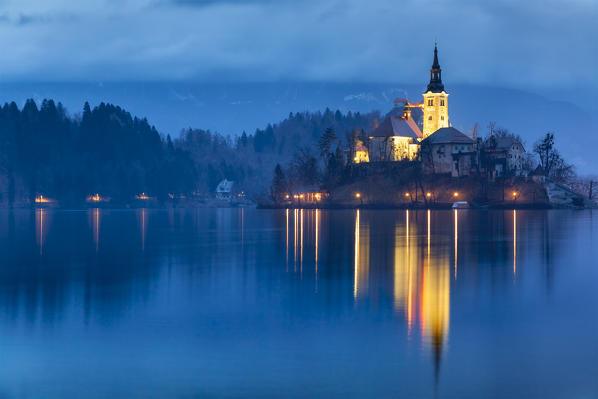 Europe, Slovenia, Upper Carniola. Iconic landscape of the lake of Bled with the Assumption of Mary Pilgrimage Church