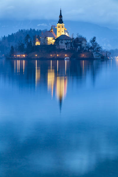 Europe, Slovenia, Upper Carniola. Iconic landscape of the lake of Bled with the Assumption of Mary Pilgrimage Church
