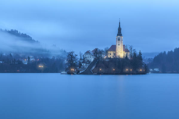 Europe, Slovenia, Upper Carniola. The lake of Bled with the Assumption of Mary Pilgrimage Church