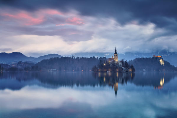 Europe, Slovenia, Upper Carniola. The lake of Bled at dawn