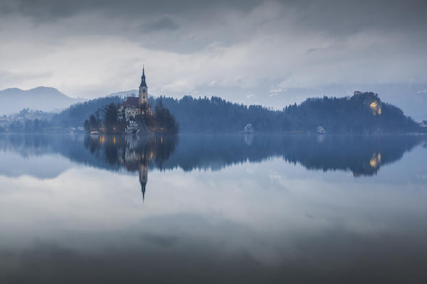Europe, Slovenia, Upper Carniola. The lake of Bled in a rainy winter morning