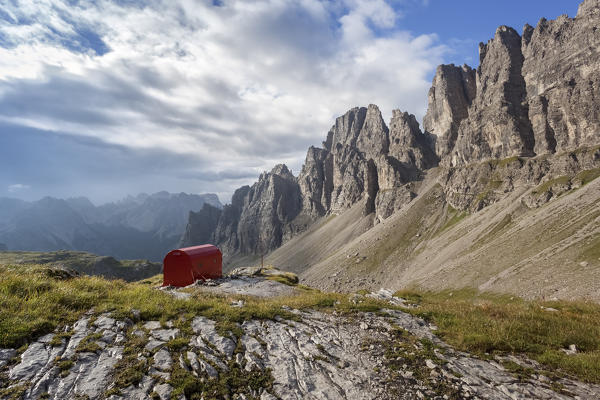 Europe, Italy, Friuli Pordenone. The bivouac Granzotto - Marchi in Val Monfalcon Forni towards the Croda Ultima del Leone, the White fork and the homonymous peak on his left.