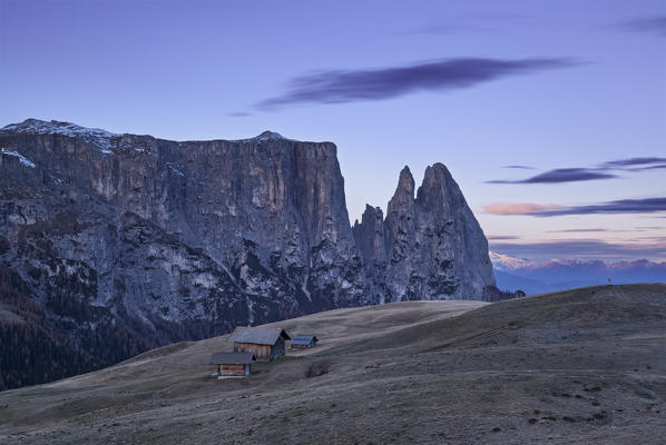 Europe, Italy, South Tyrol, Alpe di Siusi - Seiser Alm. Characteristic mountain barns with the peaks of Sciliar/Schlern in the background, Dolomites