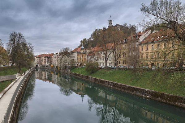 Europe, Slovenia, Ljubljana. Buildings on the Ljubljanica river in early spring