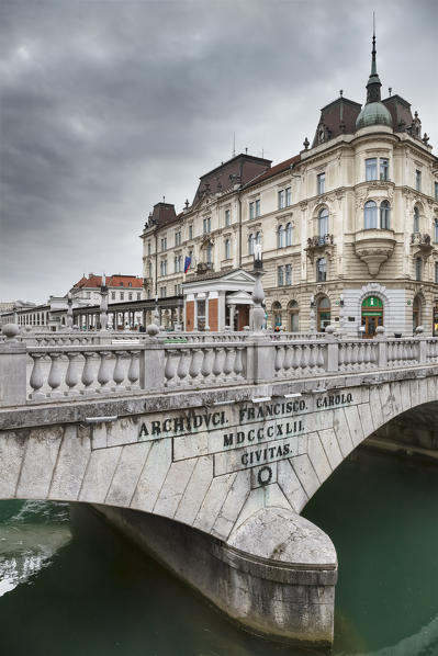 Europe, Slovenia. Tromostovje (Triple bridge) in the center of Ljubiana, capital city