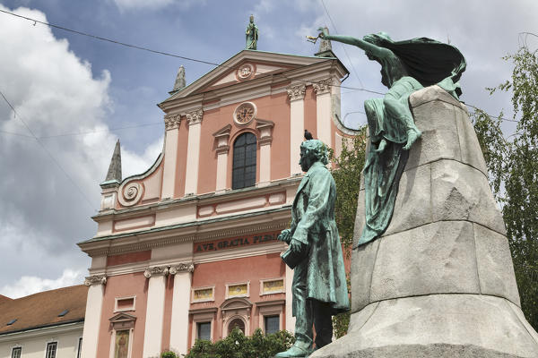 Europe, Slovenia, Ljubljana. Deatail on the facade of the Franciscan Church of the Annunciation in the city centre