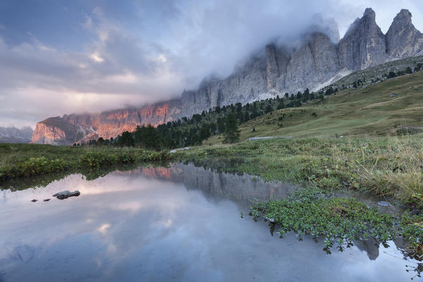 Europe, Italy, South Tyrol, Bolzano. Sella towers reflected on a little water pond near Sella pass