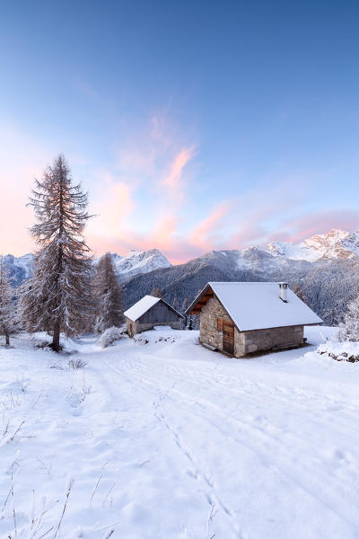Europe, Italy, Veneto, Belluno, Dolomites. Mountain chalets in a colorful winter sunrise, Zoldo valley