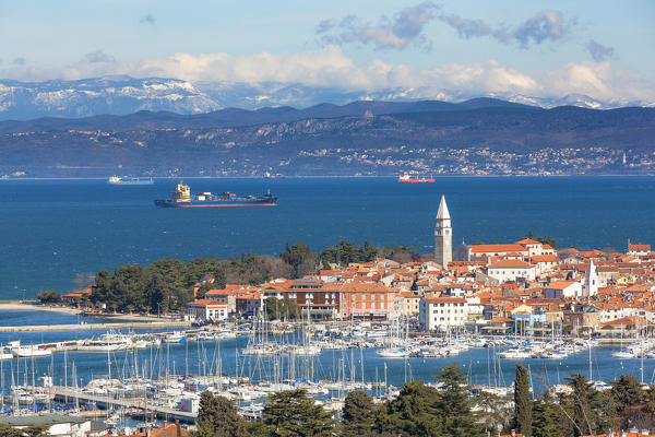 Europe, Slovenia, Istria. High angle view of the bay and marina of Izola, Slovenian Littoral