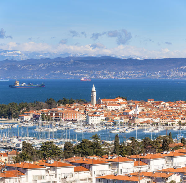 Europe, Slovenia, Istria. Panoramic view towards the bay and marina of Izola, Slovenian Littoral