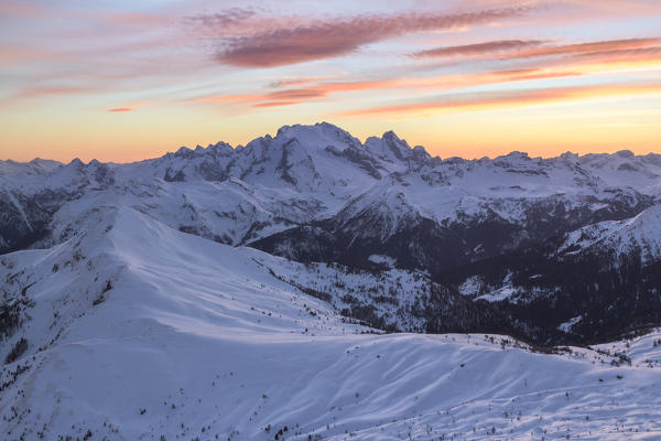 Europe, Italy, veneto, Belluno. Winter landscape from Nuvolau peak towards Marmolada and mount Pore in foreground, Dolomites