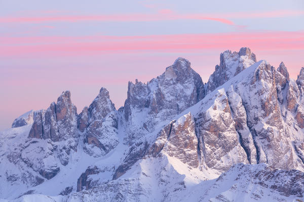 Europe, Italy, Veneto, Belluno. Detail of Focobon and Mulaz mountain in winter at dusk, Dolomites