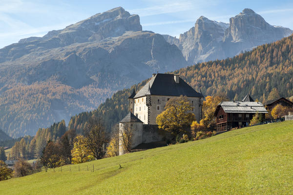 Castle Colz also La gran ćiasa, on the background the Sella group, La Villa, Stern, Alta Badia, Gadertal, Dolomites, South Tyrol, Italy