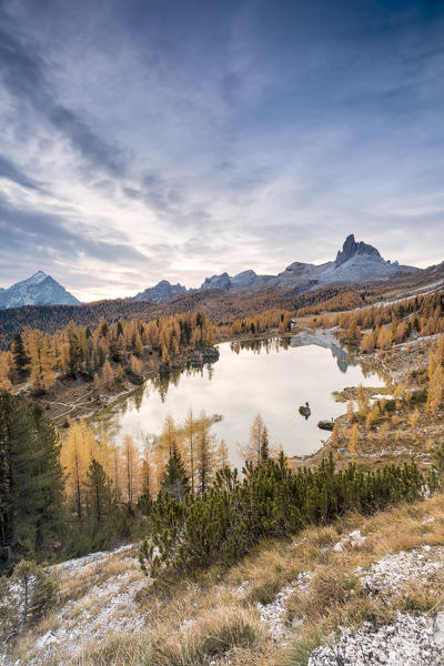 Elevated view on the Federa lake in autumn, Cortina d Ampezzo, Belluno, Dolomites, Veneto, Italy