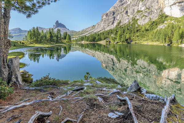 Morning at Federa lake in summer, Cortina d Ampezzo, Belluno, Dolomites, Veneto, Italy