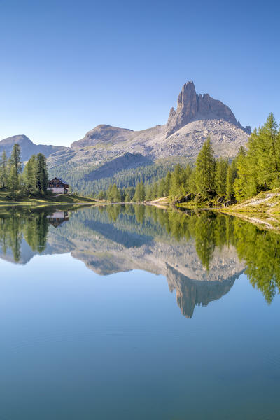 Morning reflection in the quiet water of Federa lake in summer, Cortina d Ampezzo, Belluno, Dolomites, Veneto, Italy