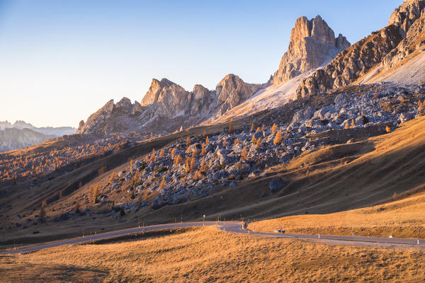 The road of Giau pass and mount Averau, Dolomites, Colle Santa Lucia, Belluno, Veneto, Italy
