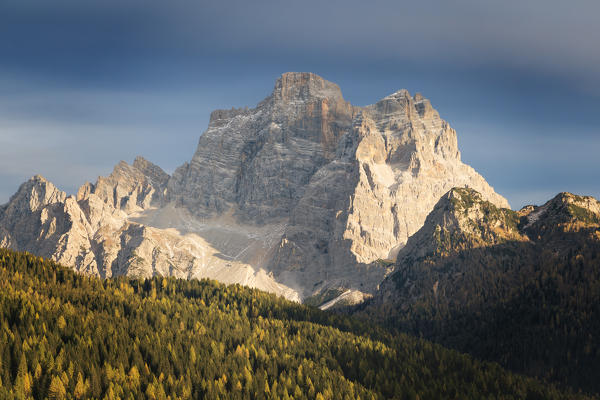 The massif of Pelmo in autumn as seen from Selva di Cadore, Belluno, Veneto, Italy