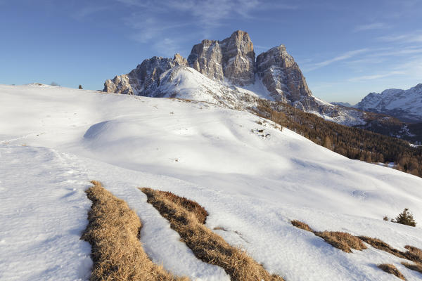 North-west wall of the mount Pelmo from Alpe Prendera in winter, Col Roan, Dolomites, Borca di Cadore, Belluno, Veneto, Italy