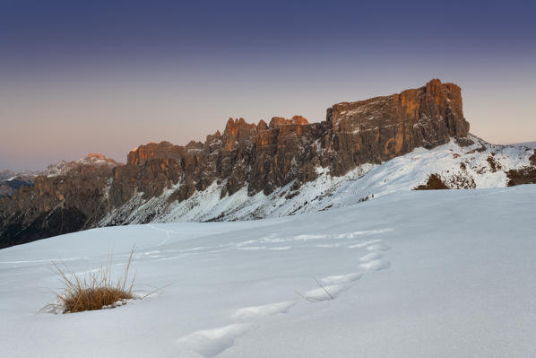Europe, Italy, Veneto, Belluno. Lastoni di Formin in winter from the hills around Giau pass, Dolomites.