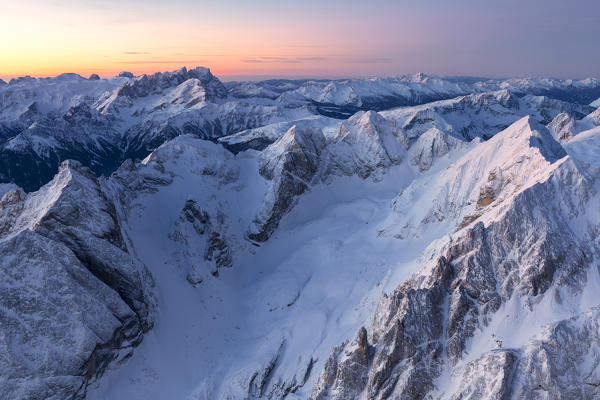 Aeeial view towards Pala group, Dolomites, Alps, Belluno, Veneto, Italy
