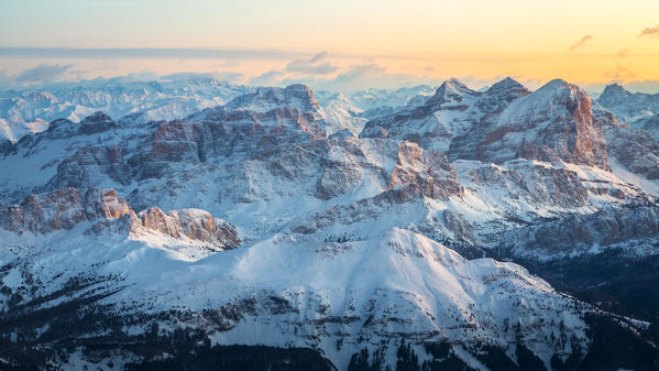 Aerial view on Lagazuoi and Tofane at sunrise in winter, Dolomites, Belluno, Veneto, Italy