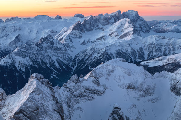 Aerial view towards Pala group, Dolomites, Alps, Belluno, Veneto, Italy