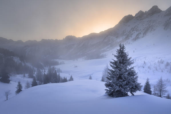 Look out to the valley from Valles pass in winter with the sun rising behind Cime di Focobon mountains, Falcade, Belluno,Veneto, Italy