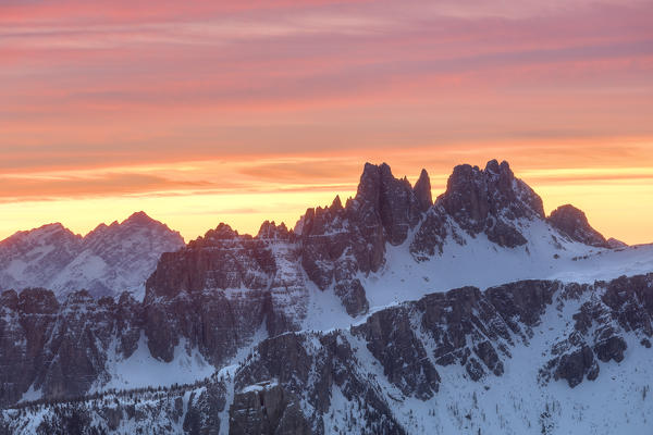 Croda da Lago in a full color winter sunrise, Cortina d'Ampezzo, Belluno, Veneto, Italy