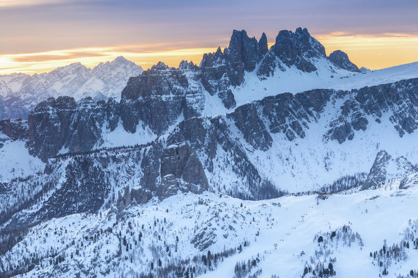 croda da Lago and Cinque Torri, colorful winter sunrise, Cortina d'Ampezzo, Belluno, Veneto, Italy
