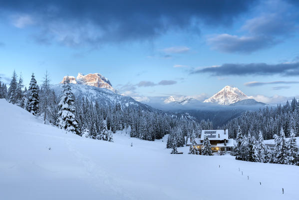 Europe, Italy, Veneto, Belluno. Winter at Duran pass, Dolomites