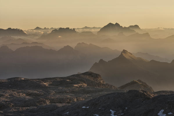 Europe, Italy, Trentino. Sunrise on the plateau of the Pale di San Martino (Pala group), Dolomites