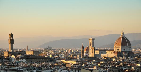 View of Florence from Piazzale Michelangelo, with Ponte Vecchio, Duomo and common. Florence, Italy. 
