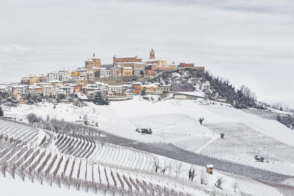 Langhe, Cuneo district, Piedmont, Italy. Langhe wine region winter snow,La Morra village
