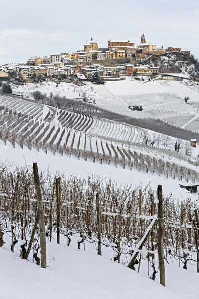 Langhe, Cuneo district, Piedmont, Italy. Langhe wine region winter snow,La Morra village

