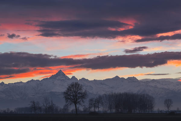 Plain Piedmont, Piedmont,Turin, Italy. Sunset on Monviso seen from Piedmont plain