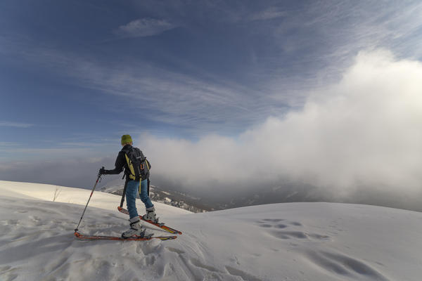 Pian mune,Po valley, Piedmont, Italy. Skier in the Po Valley