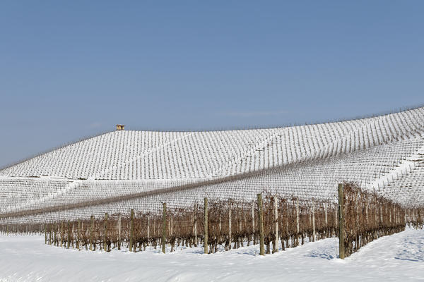 Langhe, Cuneo district, Piedmont, Italy. Langhe wine region winter snow, Fontanafredda