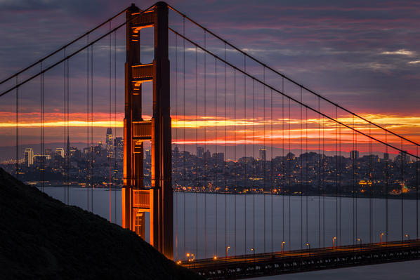 Golden Gate Bridge during sunrise. Marin County, San Francisco, Northern California, USA