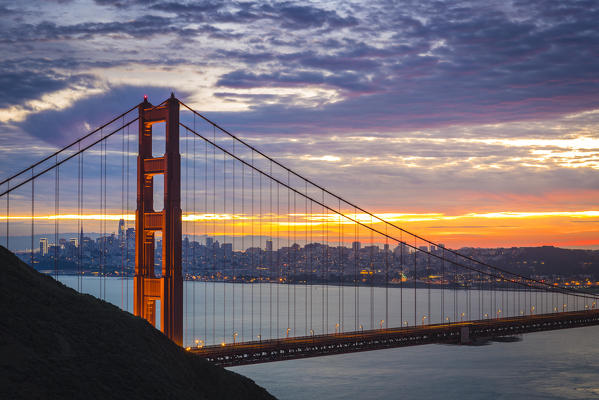 Golden Gate Bridge during sunrise. Marin County, San Francisco, Northern California, USA