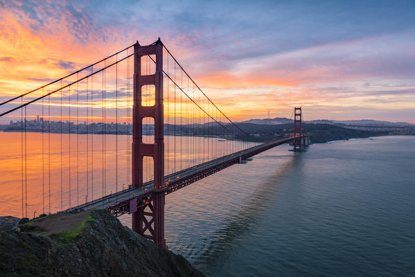 Golden Gate Bridge during sunrise. Marin County, San Francisco, Northern California, USA