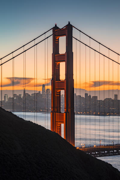 The Golden Gate Bridge during sunrise. Marin county, San Francisco, Northern California, USA