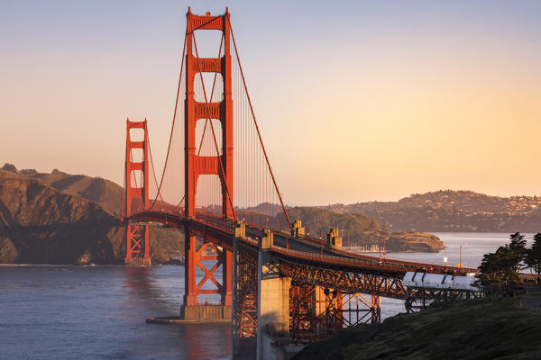 The Golden Gate Bridge during sunrise. Marin county, San Francisco, Northern California, USA
