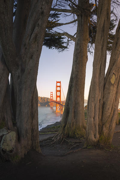 The Golden Gate Bridge during sunrise. Marin county, San Francisco, Northern California, USA