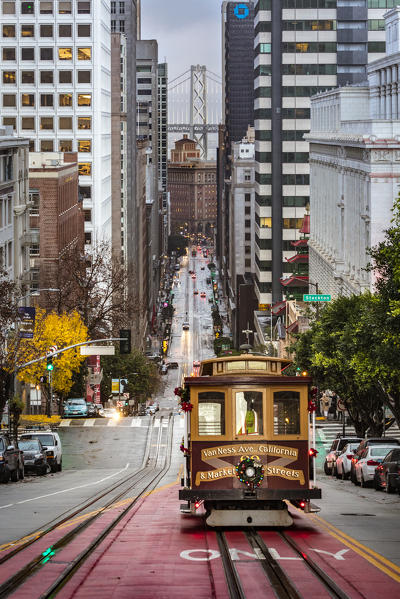 A cable car on California street, with financial district on the background, San Francisco, California, United States Of America