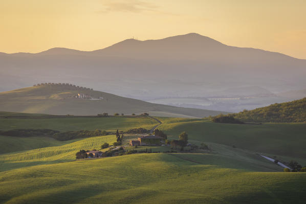 A farmhouse in the  morning between Val d'Orcia Hills. San Quirico d'Orcia, Val d'Orcia, Siena Province, Tuscany, Italy.