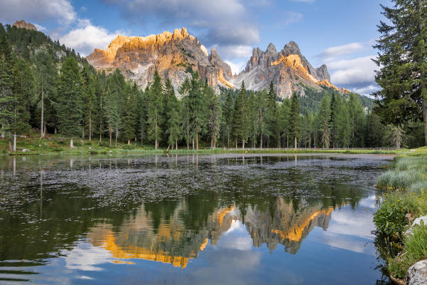 Cadini di Misurina mountain group reflecting on Antorno Lake, Belluno Province, Dolomites, Veneto, Italy