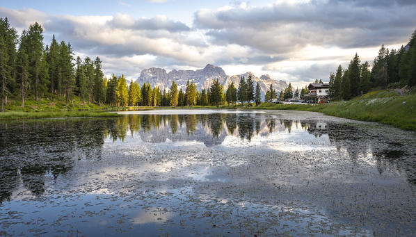 Mount Sorapis reflecting it self on Antorno Lake, near Misurina. Misurina, Belluno province, Dolomites, Veneto, Italy