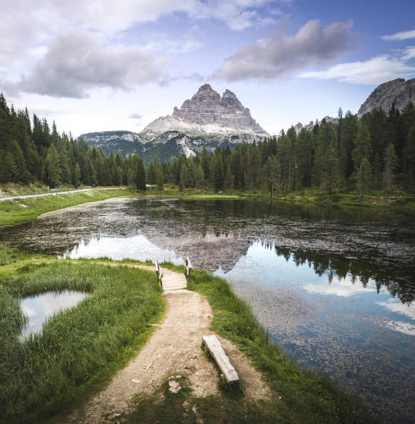 Aerial panoramic view of Antorno Lake and Tre Cime di Lavaredo. Tre cime di Lavaredo natural park, Belluno province, Dolomites, Veneto, Italy.