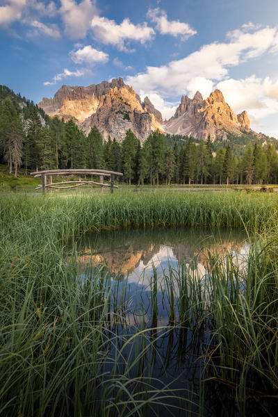 Cadini di Misurina mnountain group reflecting on Antorno Lake, Belluno Province, Dolomites, Veneto, Italy